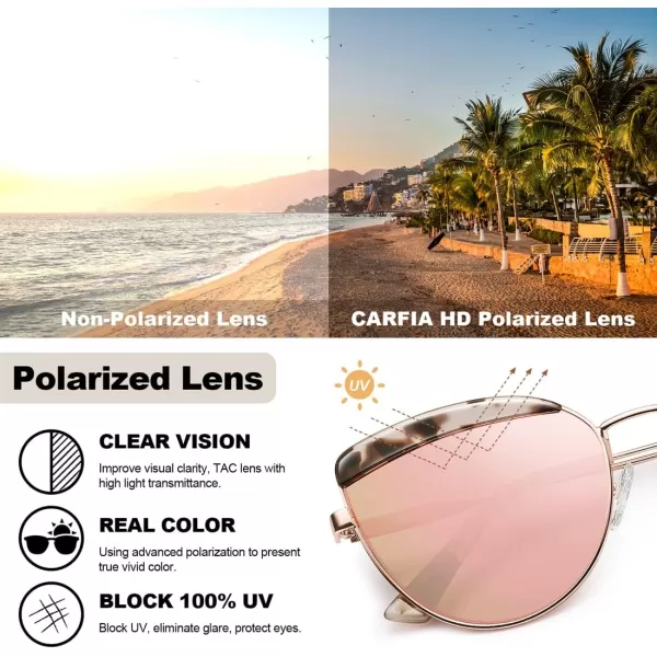 CARFIA Matal Acetate Cateye Polarized Sunglasses for Women UV Protection CA5382Pink Mirrored Lens