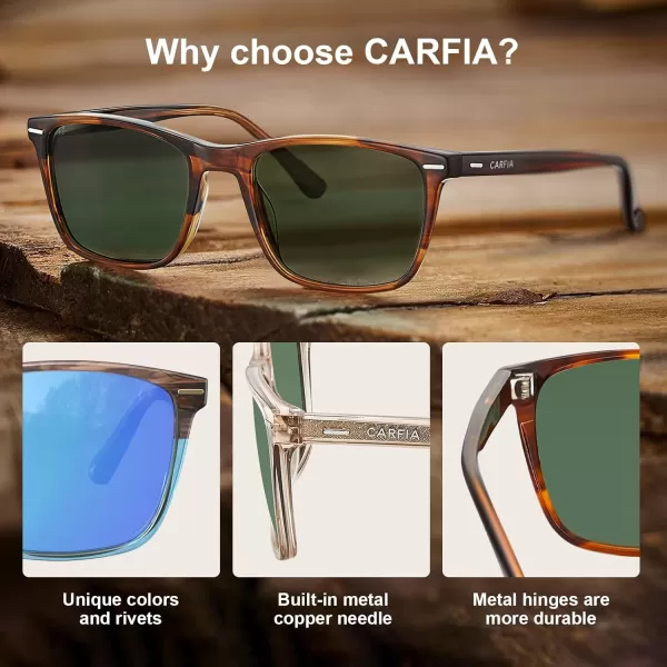 CARFIA Polarized Sunglasses for Men UV Protection Lightweight Acetate Rectangle Unique Color Driving Glasses1 Stripe Frame Green Lenses