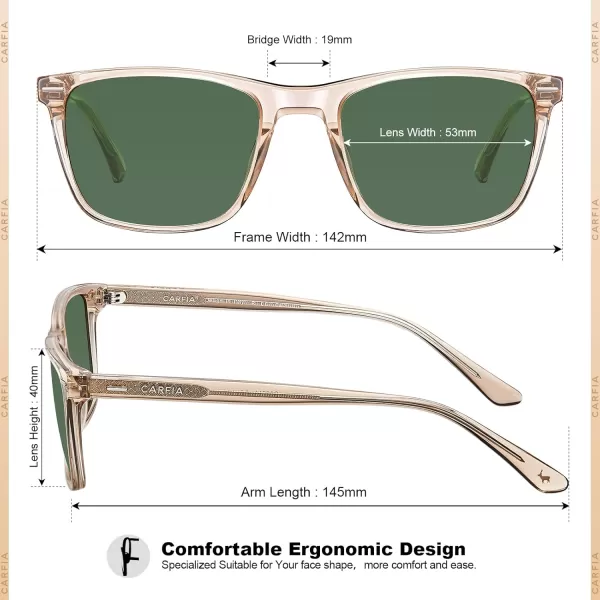 CARFIA Polarized Sunglasses for Men UV Protection Lightweight Acetate Rectangle Unique Color Driving Glasses3 Transparent Green Lenses