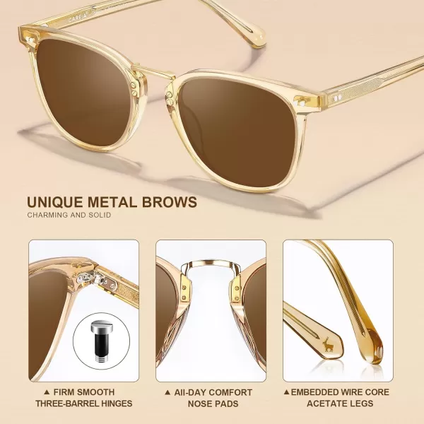 CARFIA Small Polarized Sunglasses for Women Handcrafted Acetate Frame Fashion Retro Sun Glasses CA50151 Transparent Tea Frame Brown Lens