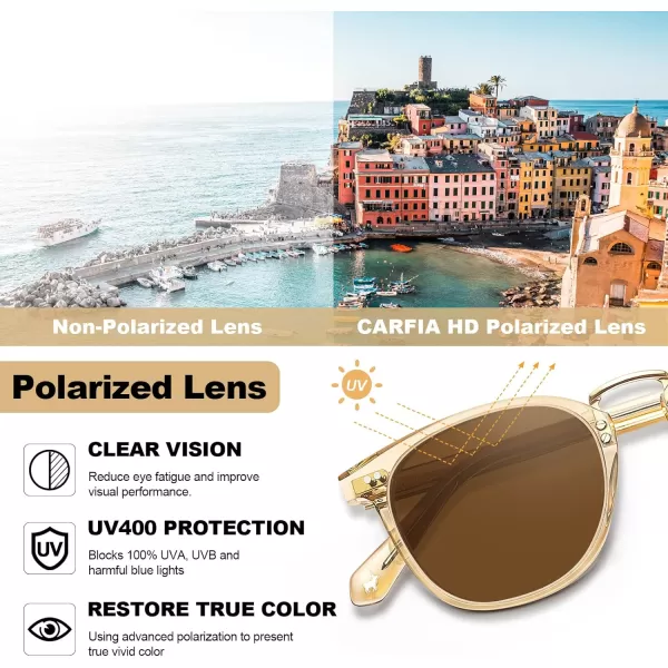 CARFIA Small Polarized Sunglasses for Women Handcrafted Acetate Frame Fashion Retro Sun Glasses CA50151 Transparent Tea Frame Brown Lens