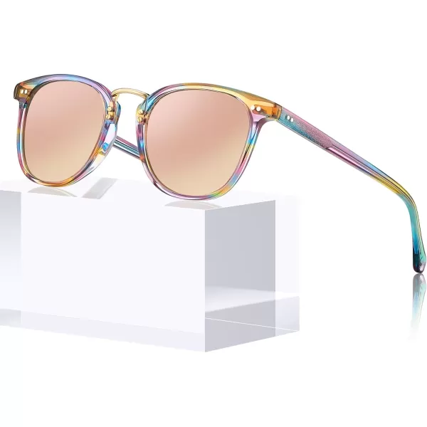 CARFIA Small Polarized Sunglasses for Women Handcrafted Acetate Frame Fashion Retro Sun Glasses CA50156 Rainbow Frame Pink Mirror