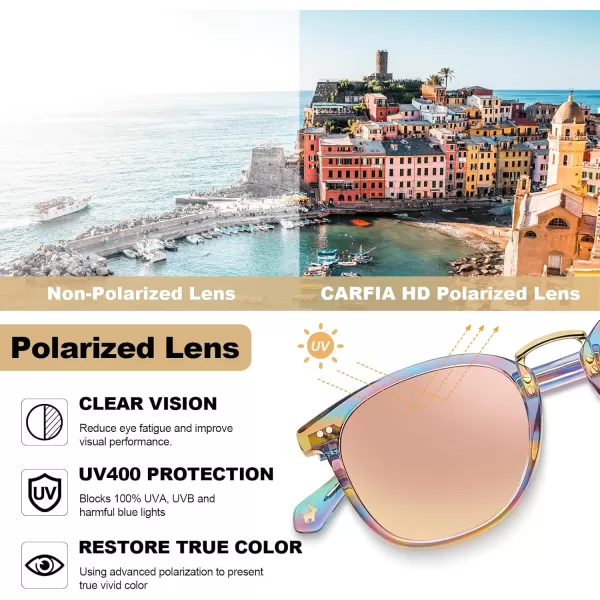 CARFIA Small Polarized Sunglasses for Women Handcrafted Acetate Frame Fashion Retro Sun Glasses CA50156 Rainbow Frame Pink Mirror