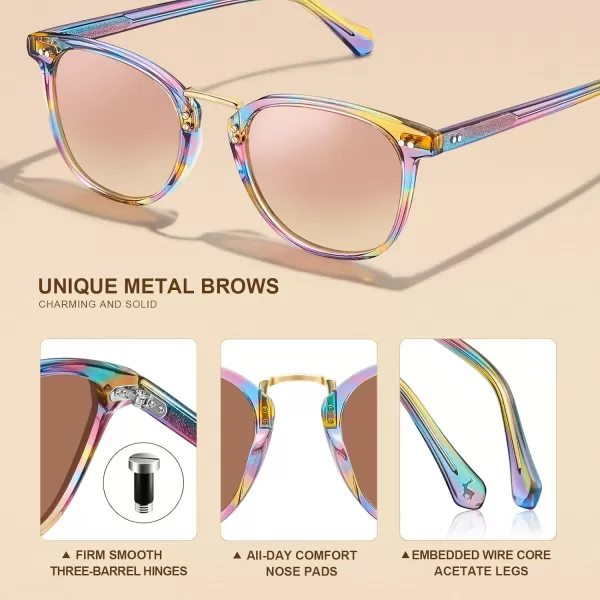 CARFIA Small Polarized Sunglasses for Women Handcrafted Acetate Frame Fashion Retro Sun Glasses CA50156 Rainbow Frame Pink Mirror