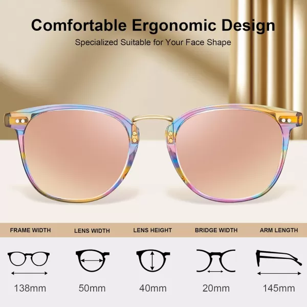 CARFIA Small Polarized Sunglasses for Women Handcrafted Acetate Frame Fashion Retro Sun Glasses CA50156 Rainbow Frame Pink Mirror