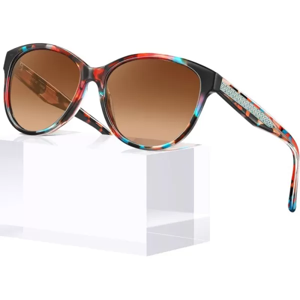 CARFIA Cateye Polarized Sunglasses for Women UV Protection Italy Handcrafted Acetate Frame with Embossed Pattern Wire Core3 Red Floral Frame Gradient Brown Lens
