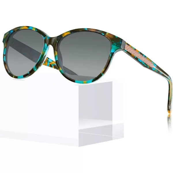 CARFIA Cateye Polarized Sunglasses for Women UV Protection Italy Handcrafted Acetate Frame with Embossed Pattern Wire Core5 Turquoise Frame Gradient Grey Lens