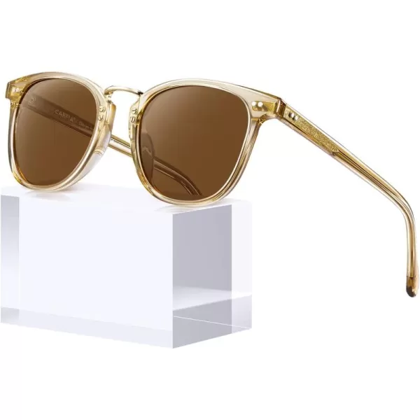 CARFIA Small Polarized Sunglasses for Women Handcrafted Acetate Frame Fashion Retro Sun Glasses CA50151 Transparent Tea Frame Brown Lens