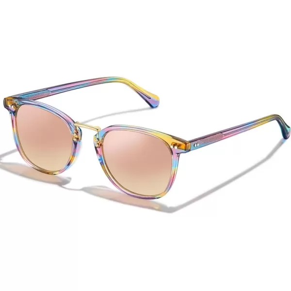 CARFIA Small Polarized Sunglasses for Women Handcrafted Acetate Frame Fashion Retro Sun Glasses CA50156 Rainbow Frame Pink Mirror