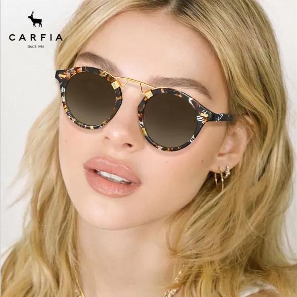 CARFIA Small Acetate Polarized Sunglasses for Women UV Protection Retro Double Bridge Eyewear Metal Brow Round Sunnies