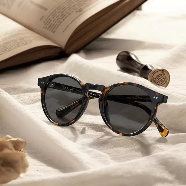 CARFIA Acetate Vintage Round Polarized Sunglasses for Men UV400 Lenses Handcrafted Frame4brown Tortoise Frame Grey Lens