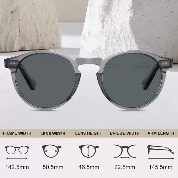 CARFIA Acetate Vintage Round Polarized Sunglasses for Men UV400 Lenses Handcrafted Frame5light Grey Frame Grey Lens