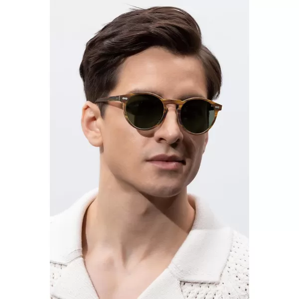 CARFIA Retro Round Polarized Sunglasses for Men Acetate Frame UV400 Driving Sun Glasses1 Striped Brown Frame Green Lens