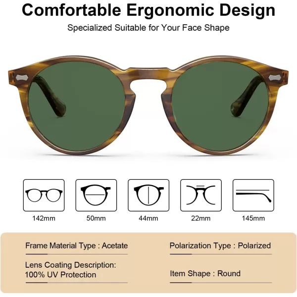 CARFIA Retro Round Polarized Sunglasses for Men Acetate Frame UV400 Driving Sun Glasses1 Striped Brown Frame Green Lens