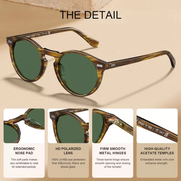 CARFIA Retro Round Polarized Sunglasses for Men Acetate Frame UV400 Driving Sun Glasses1 Striped Brown Frame Green Lens