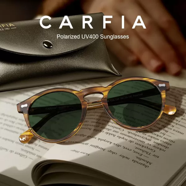 CARFIA Retro Round Polarized Sunglasses for Men Acetate Frame UV400 Driving Sun Glasses1 Striped Brown Frame Green Lens
