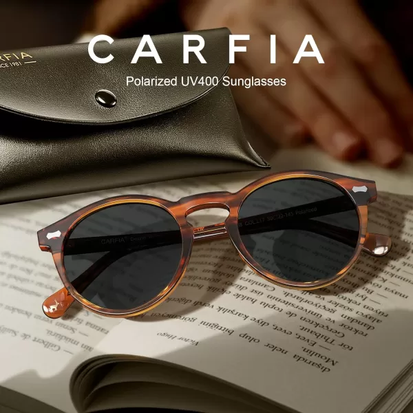 CARFIA Retro Round Polarized Sunglasses for Men Acetate Frame UV400 Driving Sun Glasses2 Striped Brown Frame Grey Lens