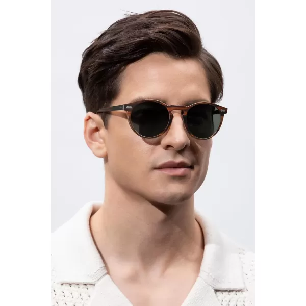 CARFIA Retro Round Polarized Sunglasses for Men Acetate Frame UV400 Driving Sun Glasses2 Striped Brown Frame Grey Lens