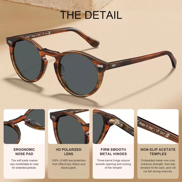 CARFIA Retro Round Polarized Sunglasses for Men Acetate Frame UV400 Driving Sun Glasses2 Striped Brown Frame Grey Lens