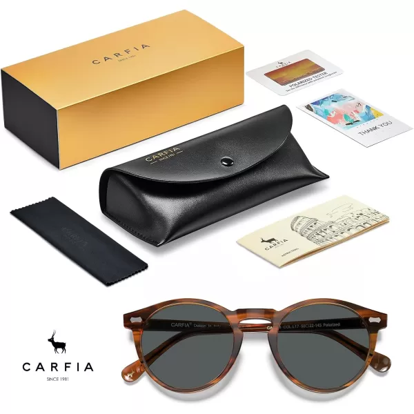 CARFIA Retro Round Polarized Sunglasses for Men Acetate Frame UV400 Driving Sun Glasses2 Striped Brown Frame Grey Lens