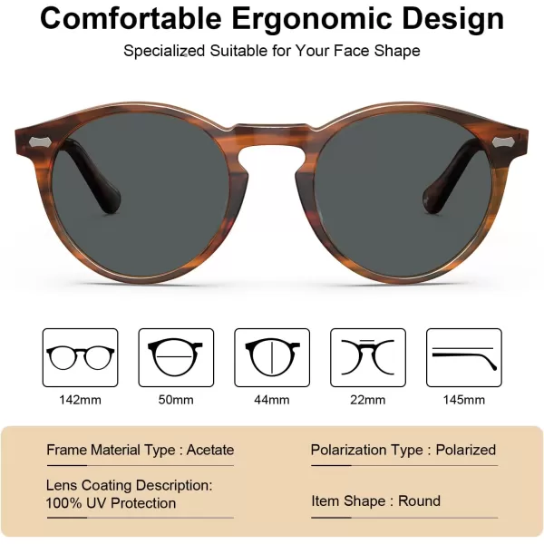 CARFIA Retro Round Polarized Sunglasses for Men Acetate Frame UV400 Driving Sun Glasses2 Striped Brown Frame Grey Lens