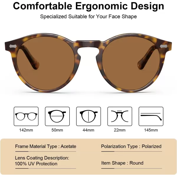 CARFIA Retro Round Polarized Sunglasses for Men Acetate Frame UV400 Driving Sun Glasses3 Yellow Tortoiseshell Frame Brown Lens