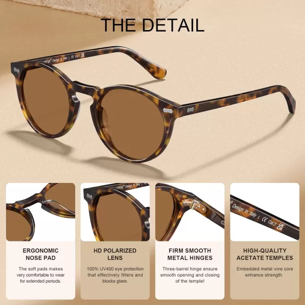 CARFIA Retro Round Polarized Sunglasses for Men Acetate Frame UV400 Driving Sun Glasses3 Yellow Tortoiseshell Frame Brown Lens
