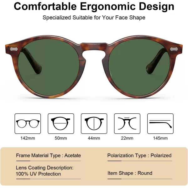 CARFIA Retro Round Polarized Sunglasses for Men Acetate Frame UV400 Driving Sun Glasses4 Brown Tortoiseshell Frame Green Lens