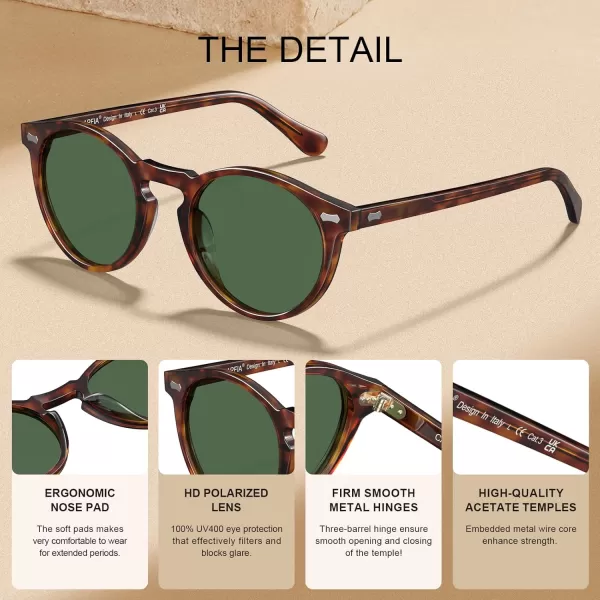 CARFIA Retro Round Polarized Sunglasses for Men Acetate Frame UV400 Driving Sun Glasses4 Brown Tortoiseshell Frame Green Lens