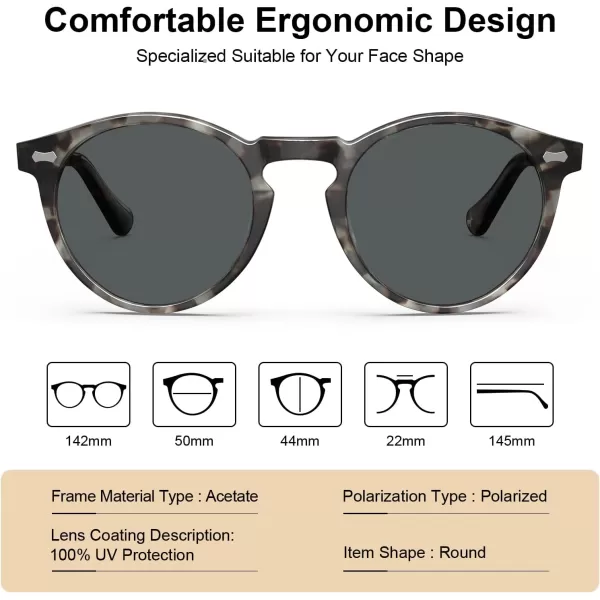 CARFIA Retro Round Polarized Sunglasses for Men Acetate Frame UV400 Driving Sun Glasses5 Grey Tortoiseshell Frame Grey Lens