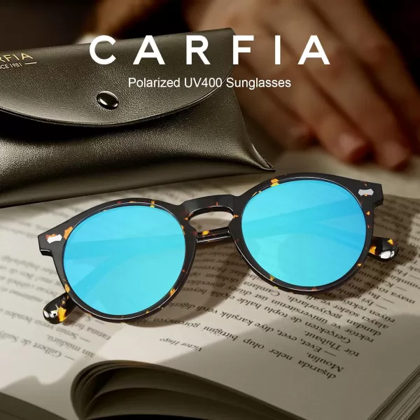 CARFIA Retro Round Polarized Sunglasses for Men Acetate Frame UV400 Driving Sun Glasses6 Tortoiseshell Frame Blue Mirror