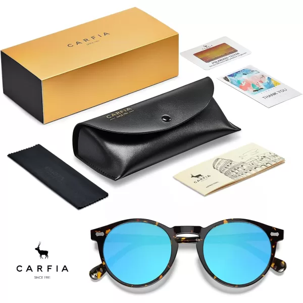 CARFIA Retro Round Polarized Sunglasses for Men Acetate Frame UV400 Driving Sun Glasses6 Tortoiseshell Frame Blue Mirror