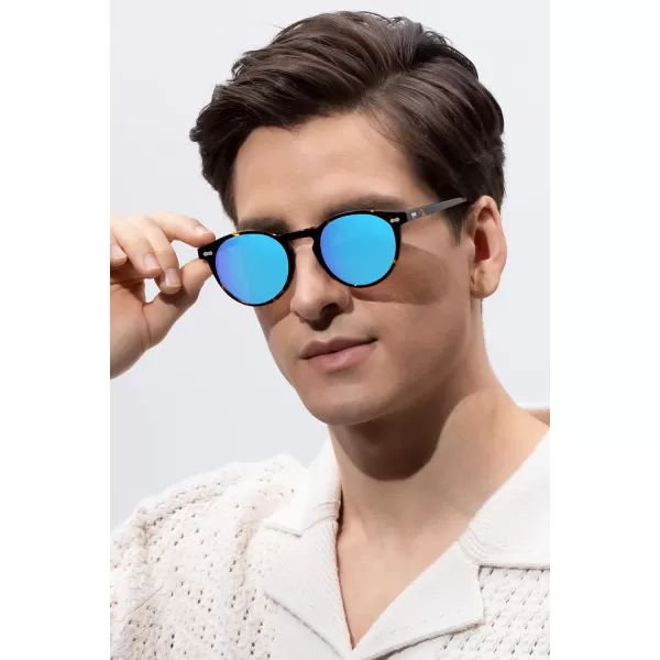 CARFIA Retro Round Polarized Sunglasses for Men Acetate Frame UV400 Driving Sun Glasses6 Tortoiseshell Frame Blue Mirror