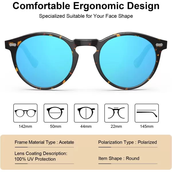CARFIA Retro Round Polarized Sunglasses for Men Acetate Frame UV400 Driving Sun Glasses6 Tortoiseshell Frame Blue Mirror