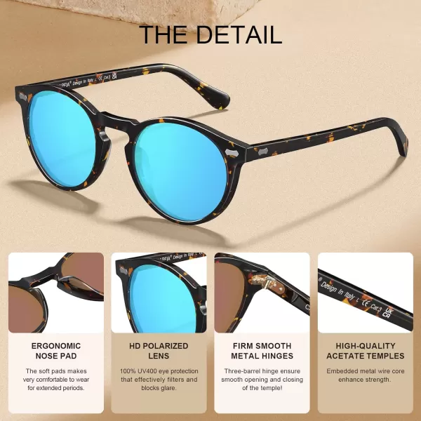 CARFIA Retro Round Polarized Sunglasses for Men Acetate Frame UV400 Driving Sun Glasses6 Tortoiseshell Frame Blue Mirror