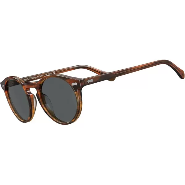 CARFIA Retro Round Polarized Sunglasses for Men Acetate Frame UV400 Driving Sun Glasses2 Striped Brown Frame Grey Lens