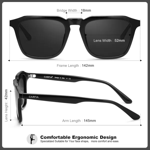 CARFIA Acetate Polarized Mens Sunglasses UV Protection Retro Fashion Cool Glasses for Driving Golf Fishing CA53524 Black Frame Grey Lens