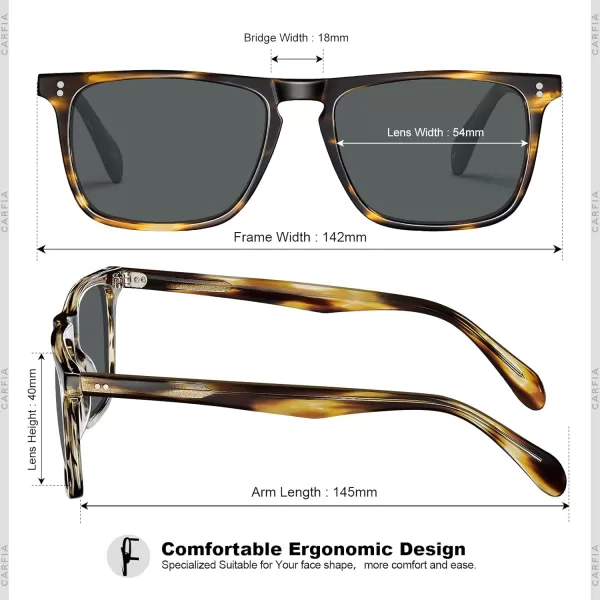 CARFIA Retro Polarized Sunglasses for Men UV Protection Handcrafted Acetate Frame Fashion Cool Sun Glasses CA5357281 Tortoise Frame Grey Lens