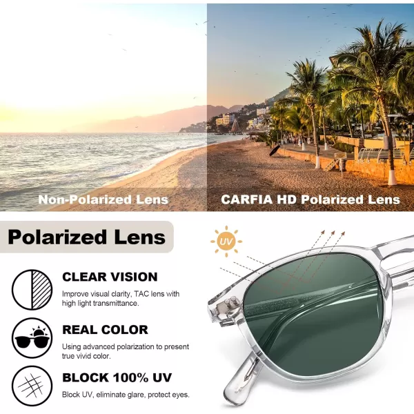 CARFIA Retro Polarized Sunglasses for Women Small and Medium Face UV Protection Handcrafted Acetate Frame Sunnies CA52858 Transparent Frame Green Lens