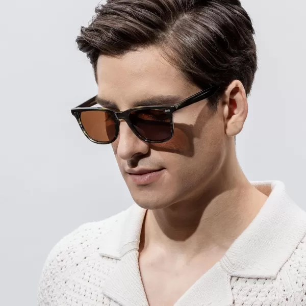 CARFIA Square Polarized Sunglasses for Men UV400 Protection Retro Acetate Italian Handcrafted Driving Shades5green Stripe Frame Brown Lens