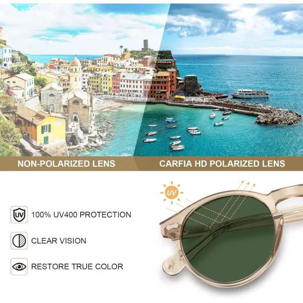 CARFIA Vintage Polarized Sunglasses for Men UV400 Protection Retro Fashion Eyewear Handcrafted Acetate Frame CA5288LR6 Clear Brown Frame Green Lens