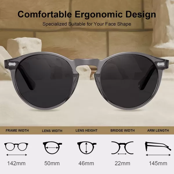 CARFIA Vintage Polarized Sunglasses for Men UV400 Protection Retro Fashion Eyewear Handcrafted Acetate Frame CA5288LR6 Grey Frame Grey Lenses