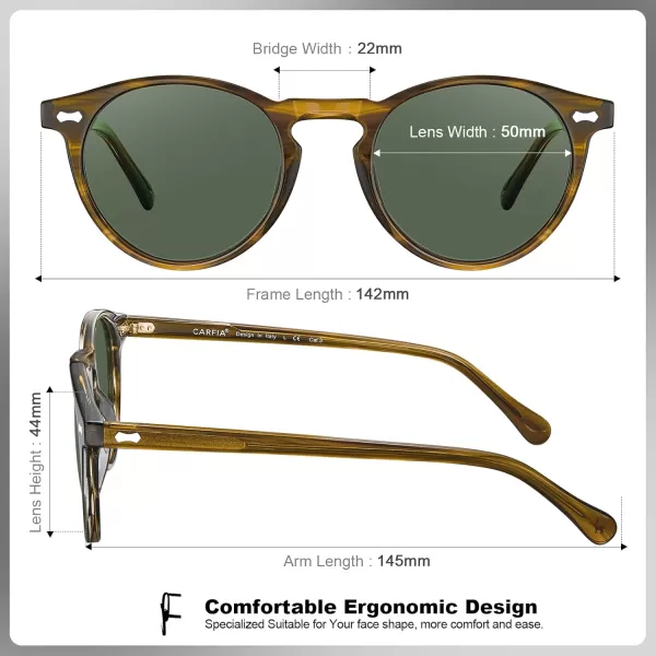 CARFIA Vintage Polarized Sunglasses for Men UV400 Protection Retro Fashion Eyewear Handcrafted Acetate Frame CA5288LR7 Green Lens Stripe Frame