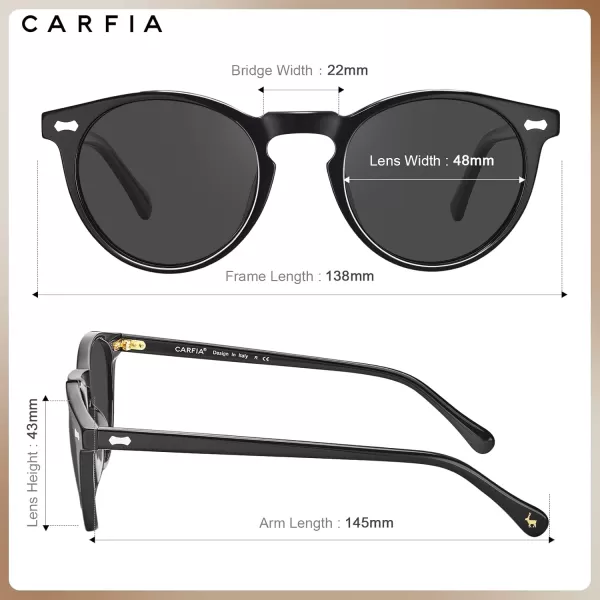 CARFIA Vintage Round Acetate Polarized Sunglasses for Women UV Protection CA52883 Grey Lens Black Frame