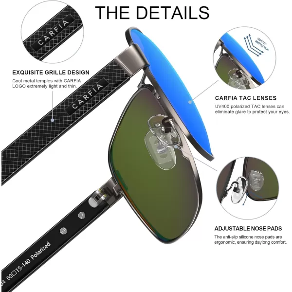 CARFIA Polarized Sunglasses for Men UV400 Protection Durable Acetate Temple Metal Frame Driving Fishing Glasses CA53974  Matte Gun Frame Ice Blue Mirror