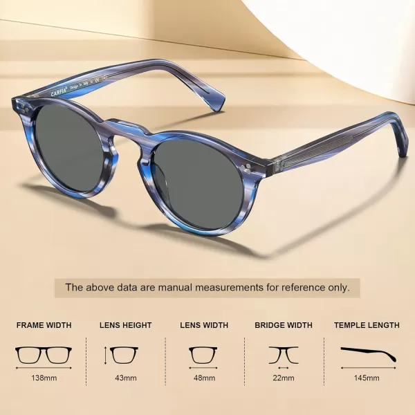CARFIA Retro Mens Sunglasses Polarized UV400 Protection Small Round Acetate Italian Luxury Style Driving Shades7striped Frame Gray Lens