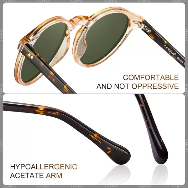CARFIA Round Acetate Mens Sunglasses Polarized UV Protection Classic Retro Sun Glasses CA5289L1 Tortoise Arm Green Lens