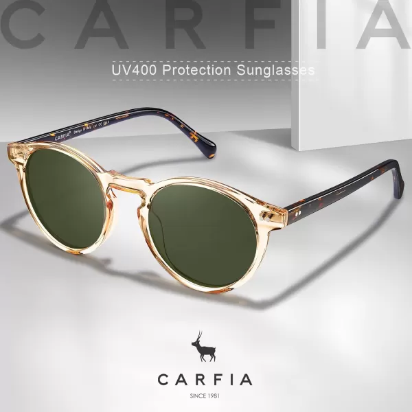 CARFIA Round Acetate Mens Sunglasses Polarized UV Protection Classic Retro Sun Glasses CA5289L1 Tortoise Arm Green Lens