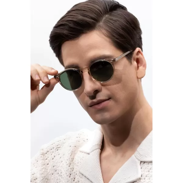 CARFIA Round Acetate Mens Sunglasses Polarized UV Protection Classic Retro Sun Glasses CA5289L2 Clear Brown Frame Green Lens