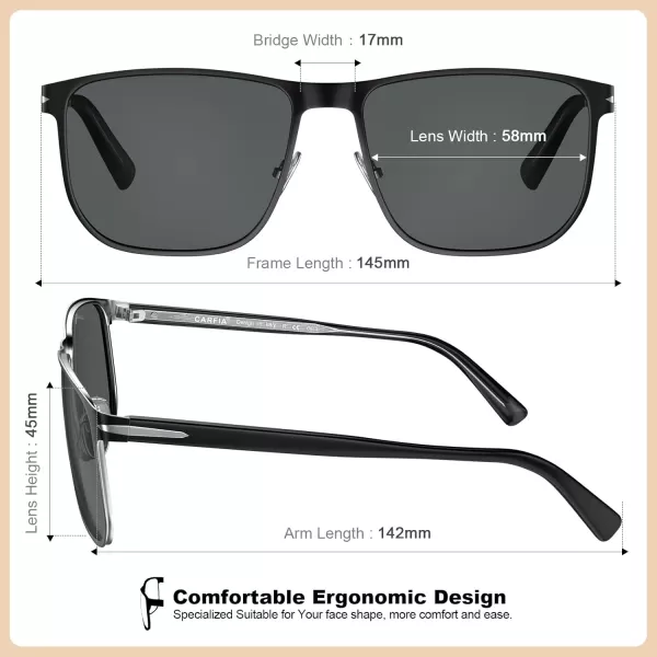 CARFIA Square Polarized Sunglasses for Men UV400 Protection Wide Metal Frame Driving Golf Glasses1black Frame Grey Lens